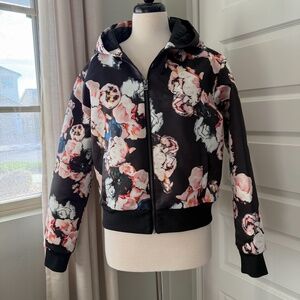 Lorna Jane Uniquely Blossom Floral Bomber Jacket with Hood | Medium | Black